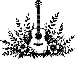 Musical Guitar with Treble Clef and Floral Elements  Guitars floral vector design