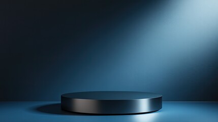 Dark, metallic circular podium on a navy backdrop.