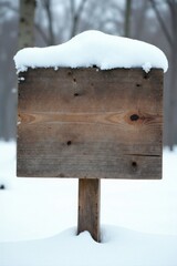 Naklejka premium A weathered wooden signpost, blanketed in fresh snow, stands silently in a tranquil winter landscape, awaiting a message.