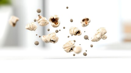 Fototapeta premium Floating popcorn and spices against bright background