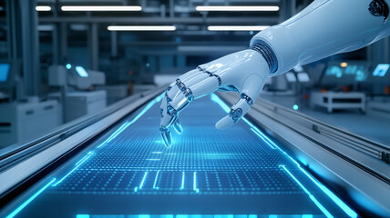 Closeup shot of autonomous robot hand interacting with digital interface, showcasing advanced