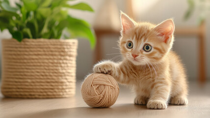 Curious kitten with wide eyes gently pawing at yarn ball in cozy setting