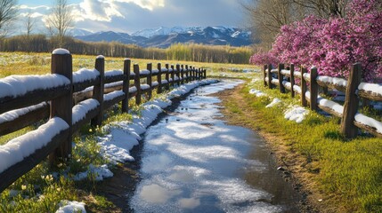 Obraz premium picturesque rural scene wooden fences lined budding flowers, snow melting small crystal-clear puddles