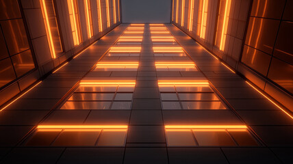 Dramatic top down view of skyscraper glowing with orange lights, showcasing modern architecture