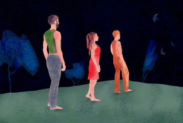 Ilustracja trzy postacie osoby wpatrzone w dal wieczorowa pora dnia. © Monika
