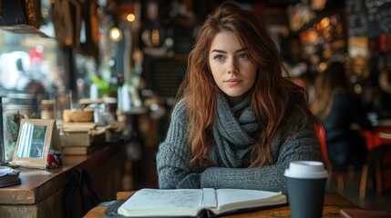 Caucasian young female in coffee shop writing in journal with beverage