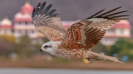 Fototapeta premium Majestic brown kite in flight, wings outstretched, soaring over blurred background of temple architecture.