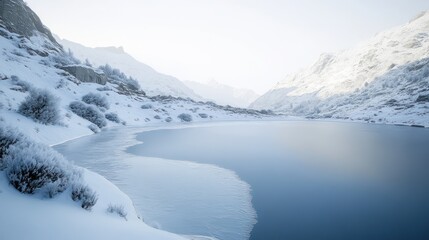 secluded mountain lake frozen solid beneath heavy layer snow, silent, untouched surface mirroring pale winter sky, surrounding slopes