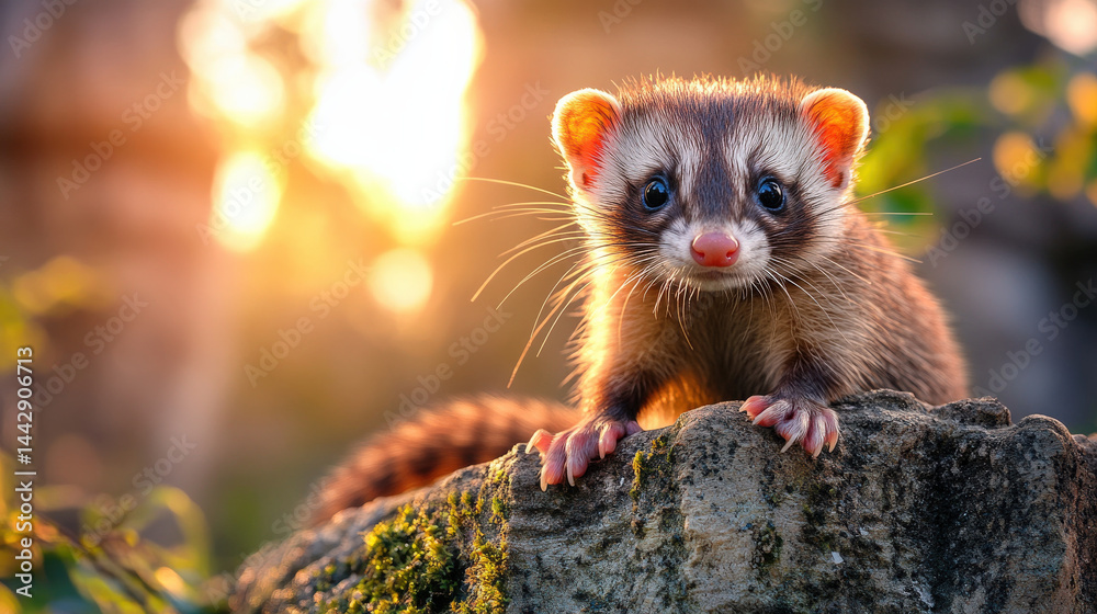 Aufkleber curious ferret explores moss covered remains of old structure, bathed in warm glow of setting sun. s