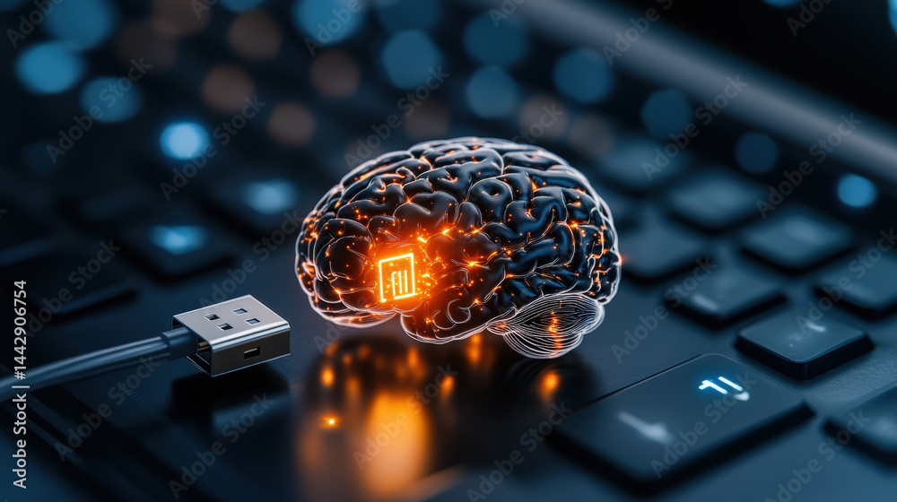 Poster Glowing digital brain rests on keyboard, symbolizing fusion of technology and human intelligence. brain is illuminated with intricate patterns, highlighting connectivity