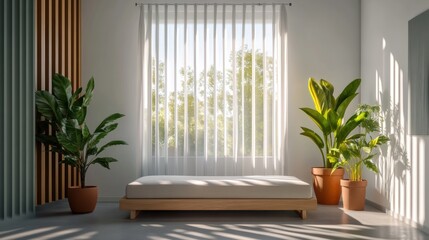 Bright Minimalist Bedroom with Natural Light and Green Plants