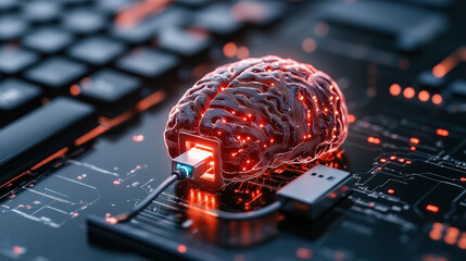 Closeup image of human brain model connected to computer circuit board, symbolizing artificial intelligence and technology integration. glowing red lines add futuristic feel