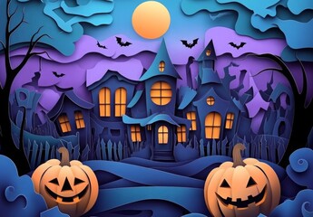Fototapeta premium Spooky Halloween Scene with Pumpkins and Haunted Houses on Blue and Purple Paper Background. Designed Like a Paper Cut Card, Perfect for Halloween Greetings and Decorations.