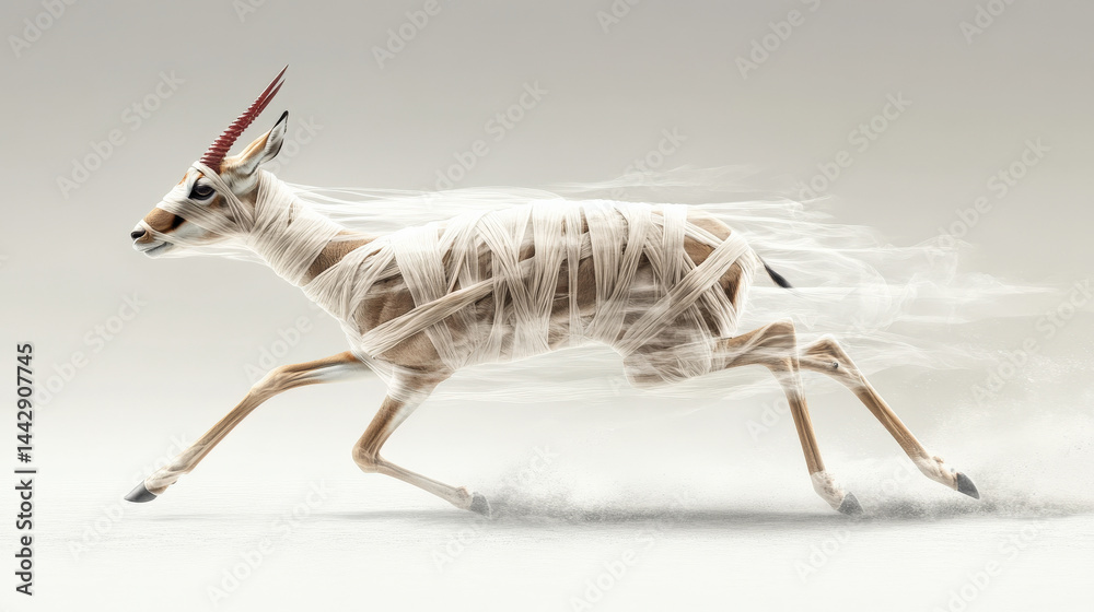 Aufkleber gazelle wrapped in white fabric runs swiftly, creating dynamic and surreal effect. motion and energy