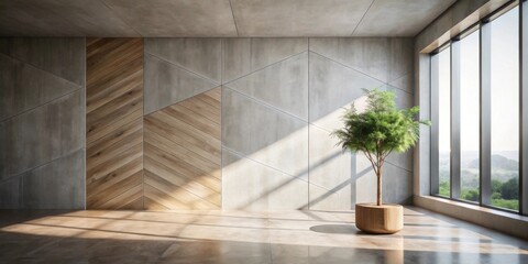 Modern minimalist interior design featuring a geometric concrete and wood wall, sunlit floor, and a potted plant by a large window.
