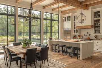 Fototapeta premium Modern farmhouse kitchen with an island, black chairs, white oak wood floors, large windows, chandelier, and coffee bar in a clean, neutral-toned aesthetic.