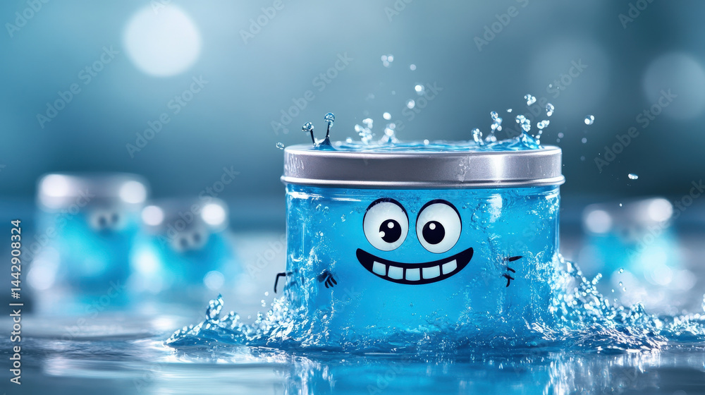 Fototapete cheerful blue container with smiling face splashes in water, surrounded by blurred similar container