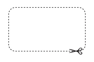 Scissors cut coupon on dotted line with dash icon. Shear trim square rectangular shape coupon or kids cutting practice page along the guide line with dash or dot border. Vector flat illustation