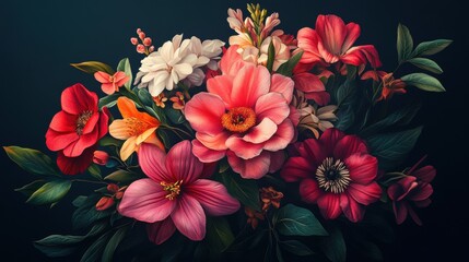 Vibrant bouquet of multicolored flowers with dark background