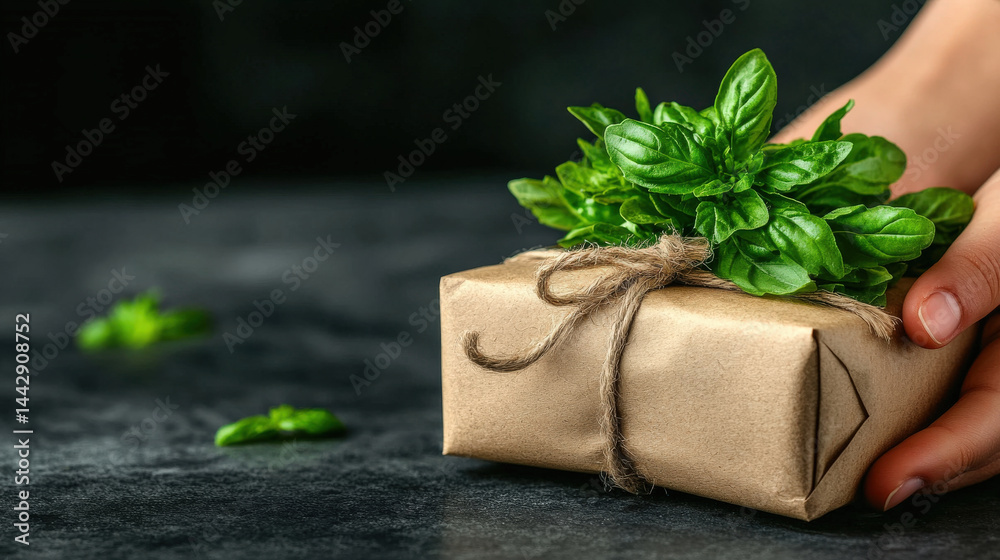 Aufkleber hand holding bundle of fresh aromatic green herbs wrapped in brown paper with twine on dark backgrou