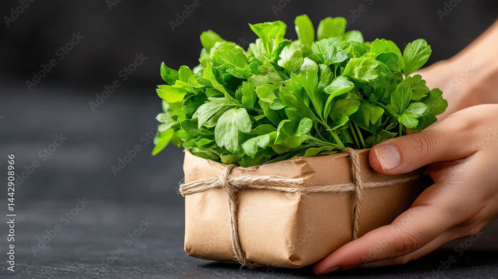Poster hand gently holds bundle of fresh aromatic green herbs wrapped in brown paper and tied with twine, s