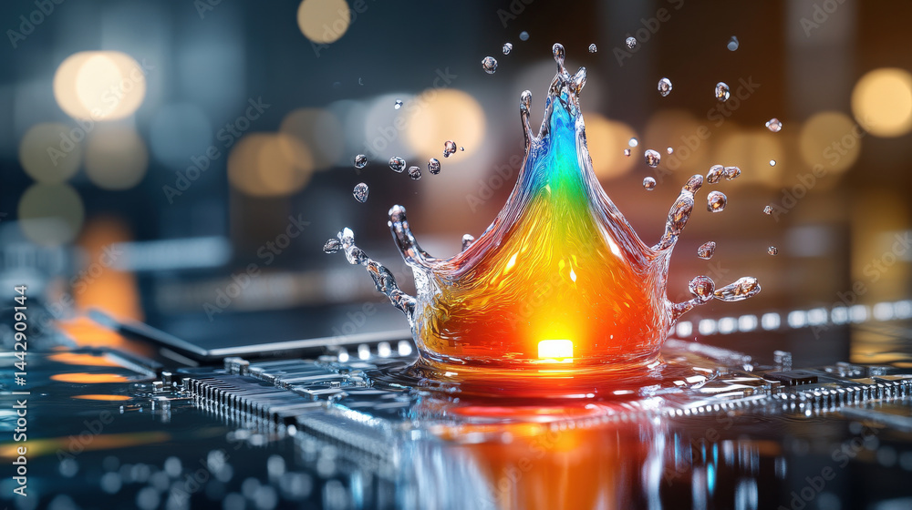 Poster vibrant splash of water in rainbow colors erupts over circuit board, highlighting glowing led. scene