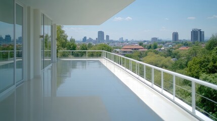 Fototapeta premium Spacious modern balcony with reflective tiled floor and glass railing overlooking a lush green park and distant city skyline.