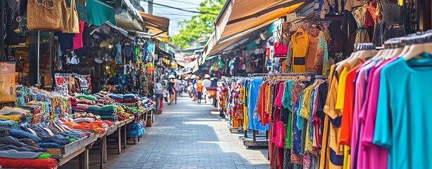 Colorful Songkran clothes Vibrant market scene with colorful clothing stalls.