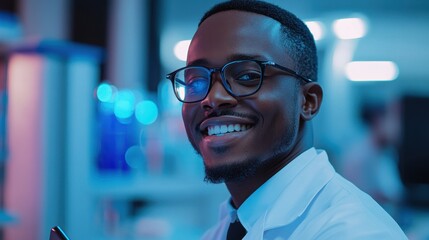 Smiling african male scientist in laboratory with glasses