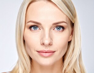 Naklejka premium A woman with blonde hair and blue eyes looks directly at the camera. AI Model.