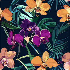 Orchid Blossom Paradise an artistic illustration featuring vibrant orchids in full bloom intertwined with lush, tropical foliage against a dark background.
