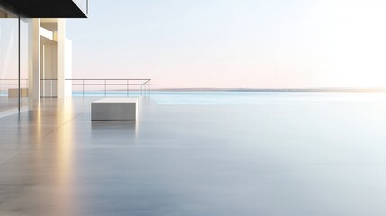 Abstract Modern Architectural Background with Empty Concrete Floor, Building Exterior or Museum Facade Against Clear Blue Sky for Minimalist Product Presentation Mockup, Daylight Summer Scene, Commerc