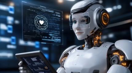 Fototapeta premium Futuristic Robot Interacting with Digital Interface and Tablet