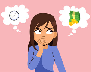 Cartoon of a woman with a thoughtful expression and hand on her face, reflecting on time, money and personal priorities vector illustration