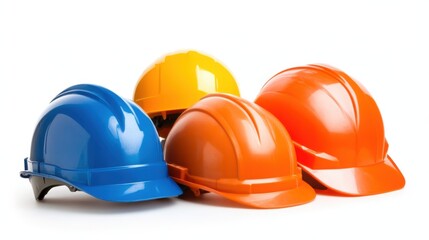 Fototapeta premium Colorful Safety Helmets in Blue, Yellow, Orange for Construction Sites