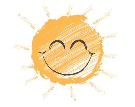 Whimsical hand drawn doodle vector illustration of a smiling sun character with closed eyes, radiating warmth, positivity and summer vibes