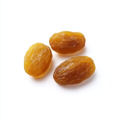 Three raisins close up isolated on white background