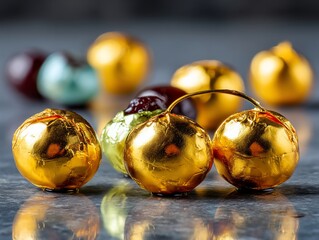 Gleaming golden cherry candies reflecting on gray surface