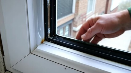 Hand inspecting window seal for maintenance  