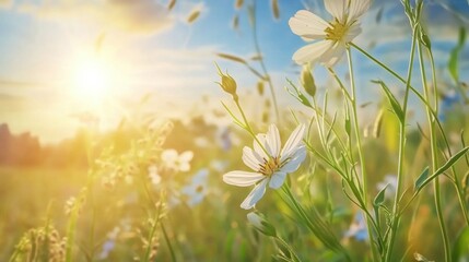 Serene Sunlit Field with Delicate White Flowers and Nature Background