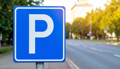  Blue Square Parking Sign in Urban Setting with Meter and Attendant