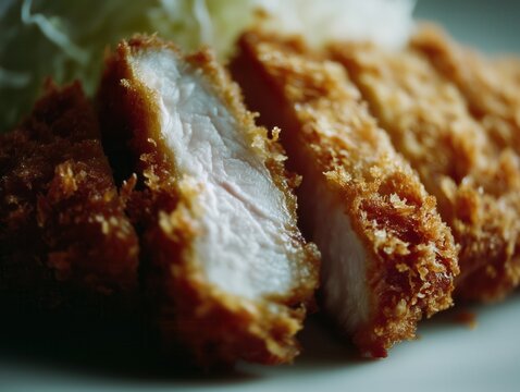 Close-up of sliced Japanese chicken katsu with shredded cabbage