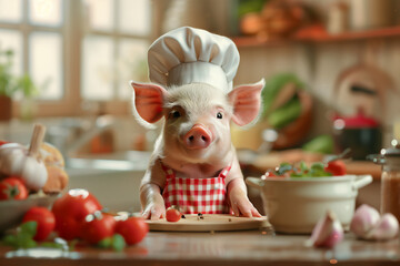 cute pig wearing a chefs uniform cooking in the kitchen