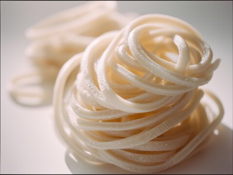 Frozen fresh udon noodles shaped into spirals on a white surface