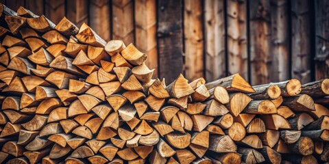 A neatly stacked pile of seasoned hardwood logs rests against a rustic wooden wall, ready for winter's warmth.