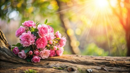 A delightful bouquet of pink roses rests gently on weathered wood, bathed in warm sunlight.