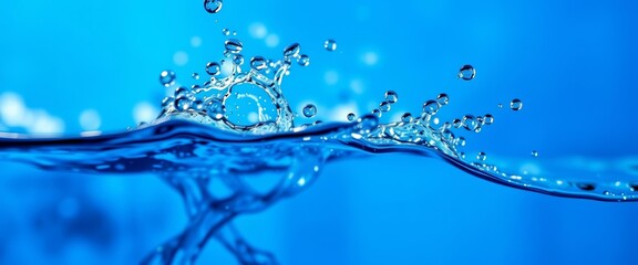 Vibrant blue background, close-up water splash, bokeh, droplets, dynamic, refreshing, copy space, bokeh