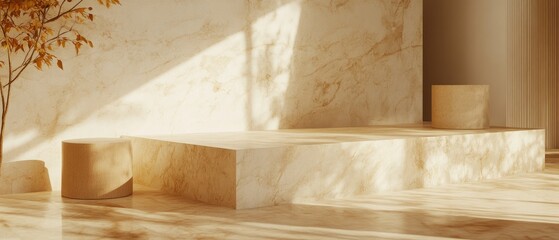 Empty display podiums in a light beige interior