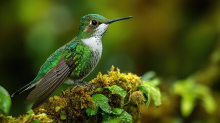 Obraz premium Green hummingbird perched on moss-covered branch in forest habitat