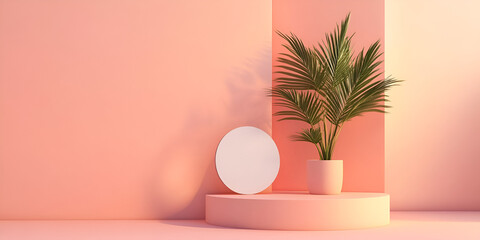 Minimalist interior design with green plant, modern decor, soft pastel tones